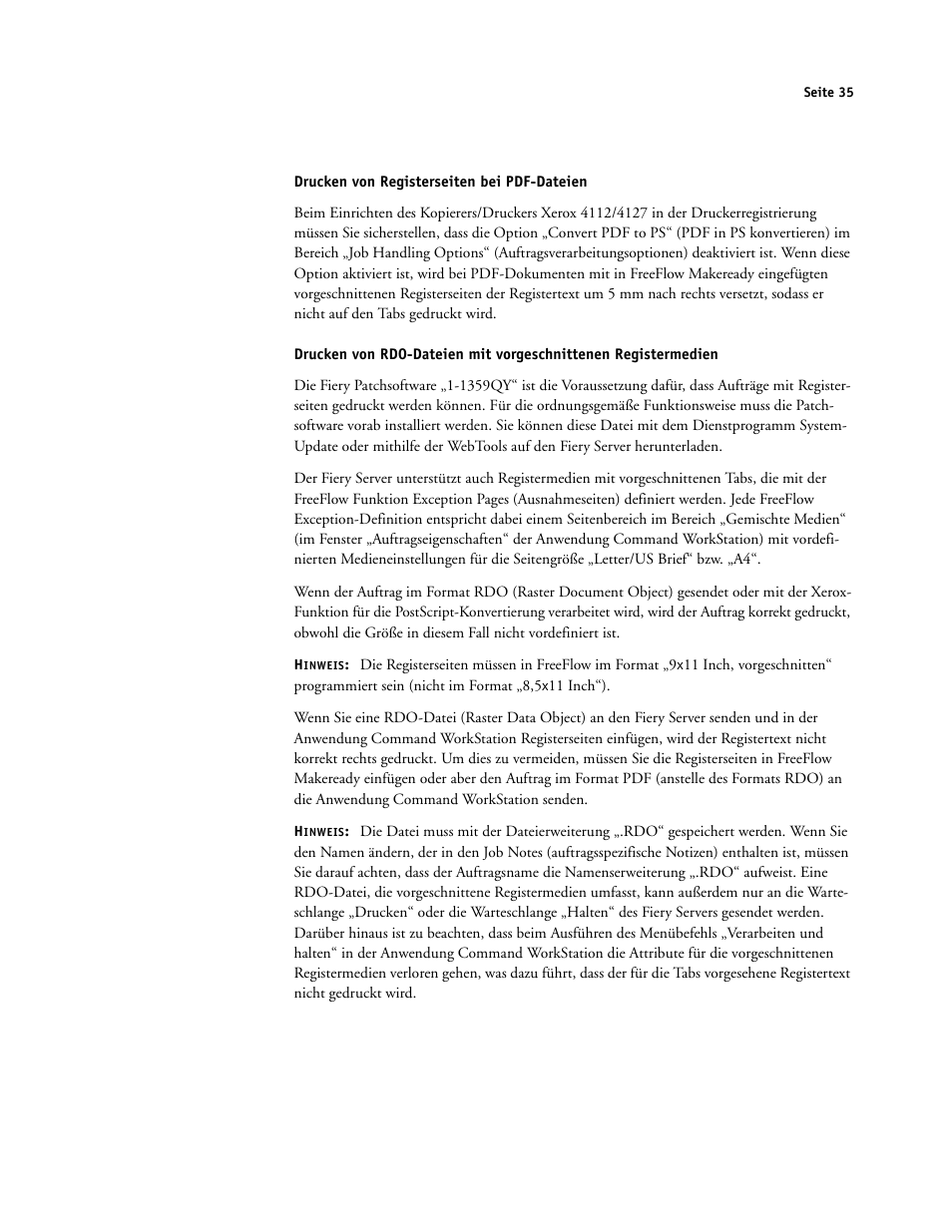 Drucken von registerseiten bei pdf-dateien | Xerox 4112-4127 ST con Xerox EX Print Server powered by Fiery-15679 User Manual | Page 35 / 72