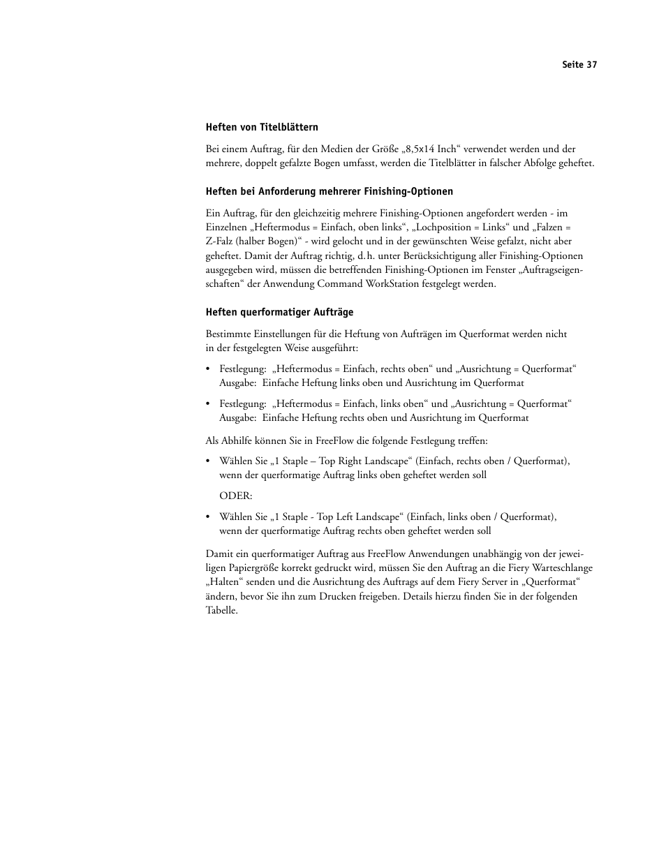 Heften von titelblättern, Heften bei anforderung mehrerer finishing-optionen, Heften querformatiger aufträge | Xerox 4112-4127 ST con Xerox EX Print Server powered by Fiery-15679 User Manual | Page 37 / 72