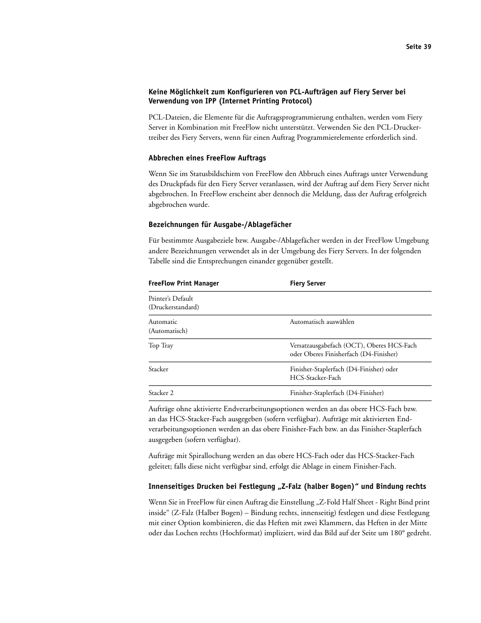 Abbrechen eines freeflow auftrags, Bezeichnungen für ausgabe-/ablagefächer | Xerox 4112-4127 ST con Xerox EX Print Server powered by Fiery-15679 User Manual | Page 39 / 72