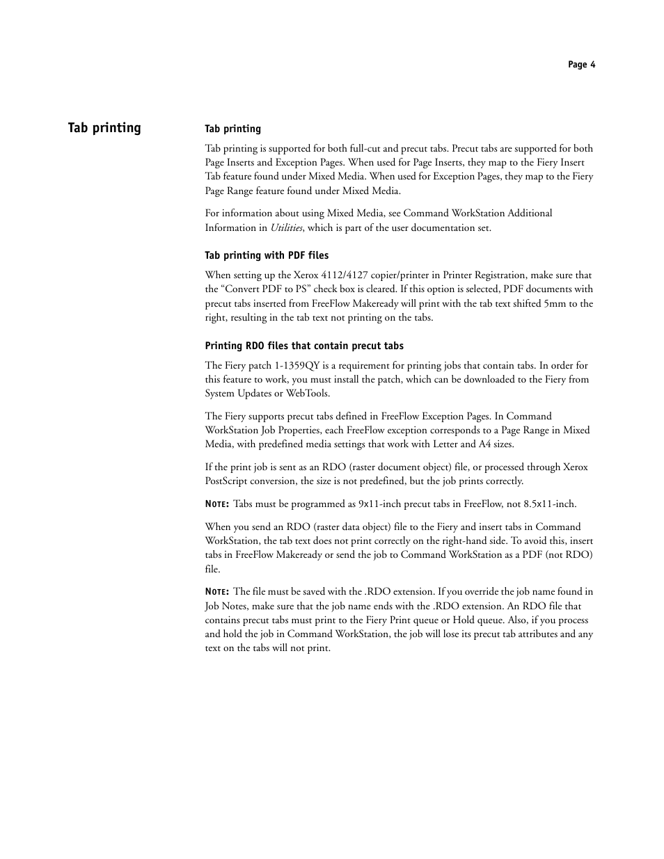 Tab printing, Tab printing with pdf files, Printing rdo files that contain precut tabs | Xerox 4112-4127 ST con Xerox EX Print Server powered by Fiery-15679 User Manual | Page 4 / 72