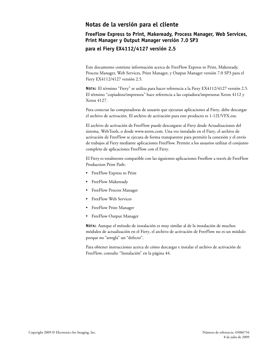 Espanol, Notas de la versión para el cliente | Xerox 4112-4127 ST con Xerox EX Print Server powered by Fiery-15679 User Manual | Page 43 / 72