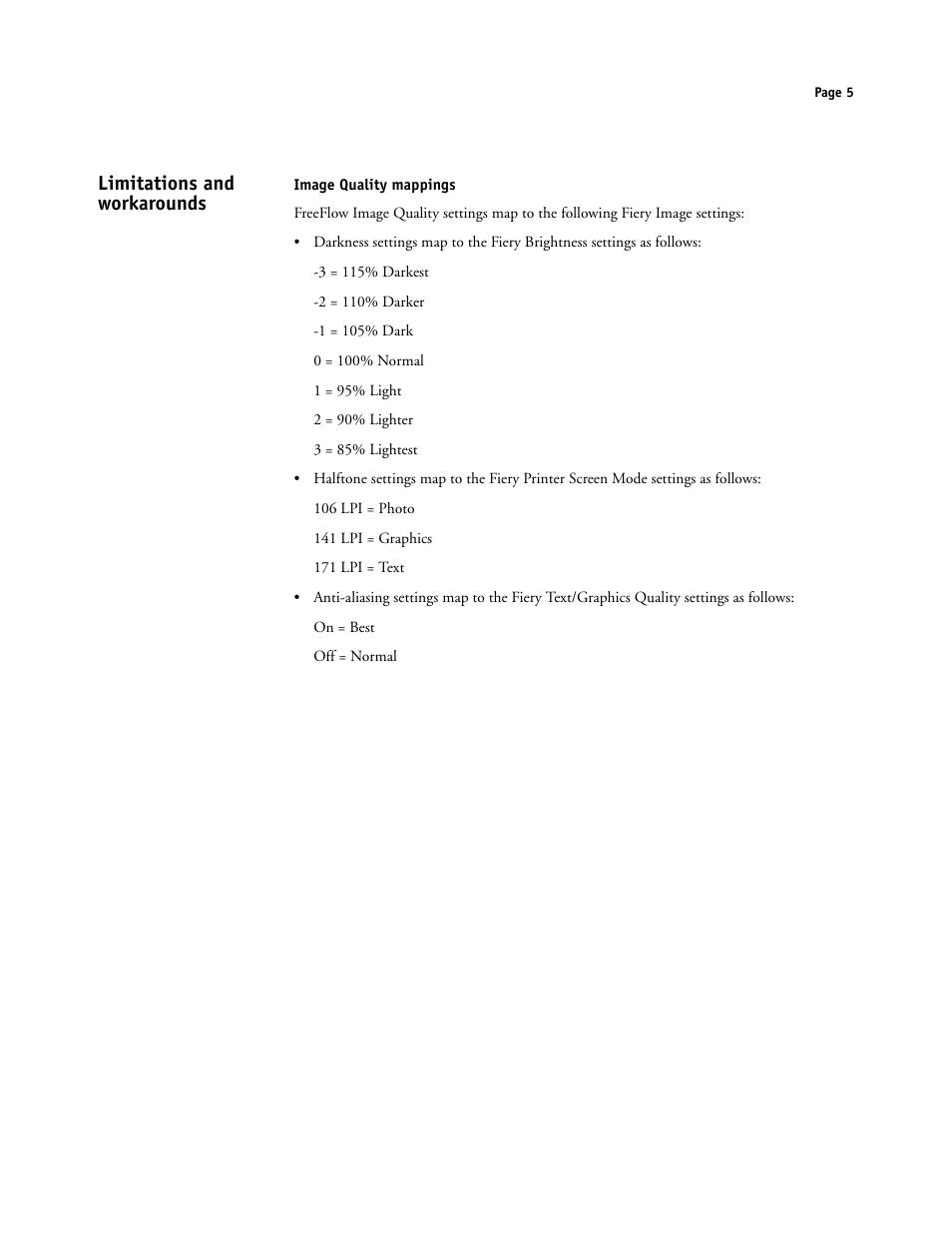 Limitations and workarounds, Image quality mappings | Xerox 4112-4127 ST con Xerox EX Print Server powered by Fiery-15679 User Manual | Page 5 / 72