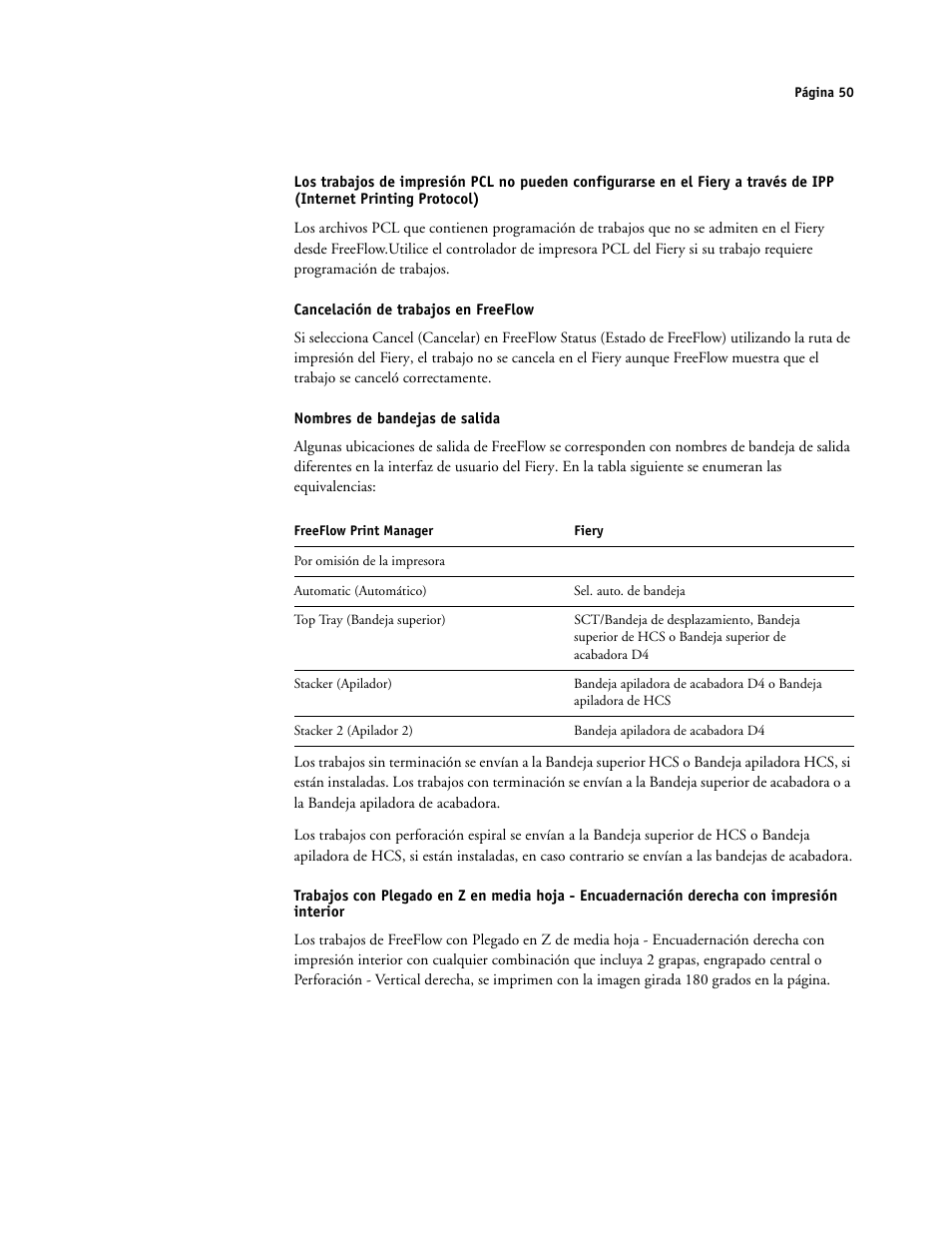 Cancelación de trabajos en freeflow, Nombres de bandejas de salida | Xerox 4112-4127 ST con Xerox EX Print Server powered by Fiery-15679 User Manual | Page 50 / 72