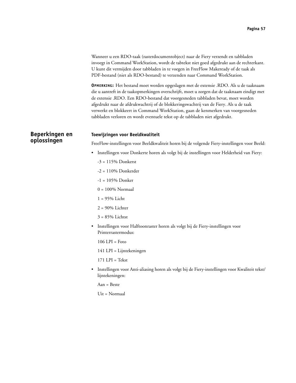 Beperkingen en oplossingen, Toewijzingen voor beeldkwaliteit | Xerox 4112-4127 ST con Xerox EX Print Server powered by Fiery-15679 User Manual | Page 57 / 72