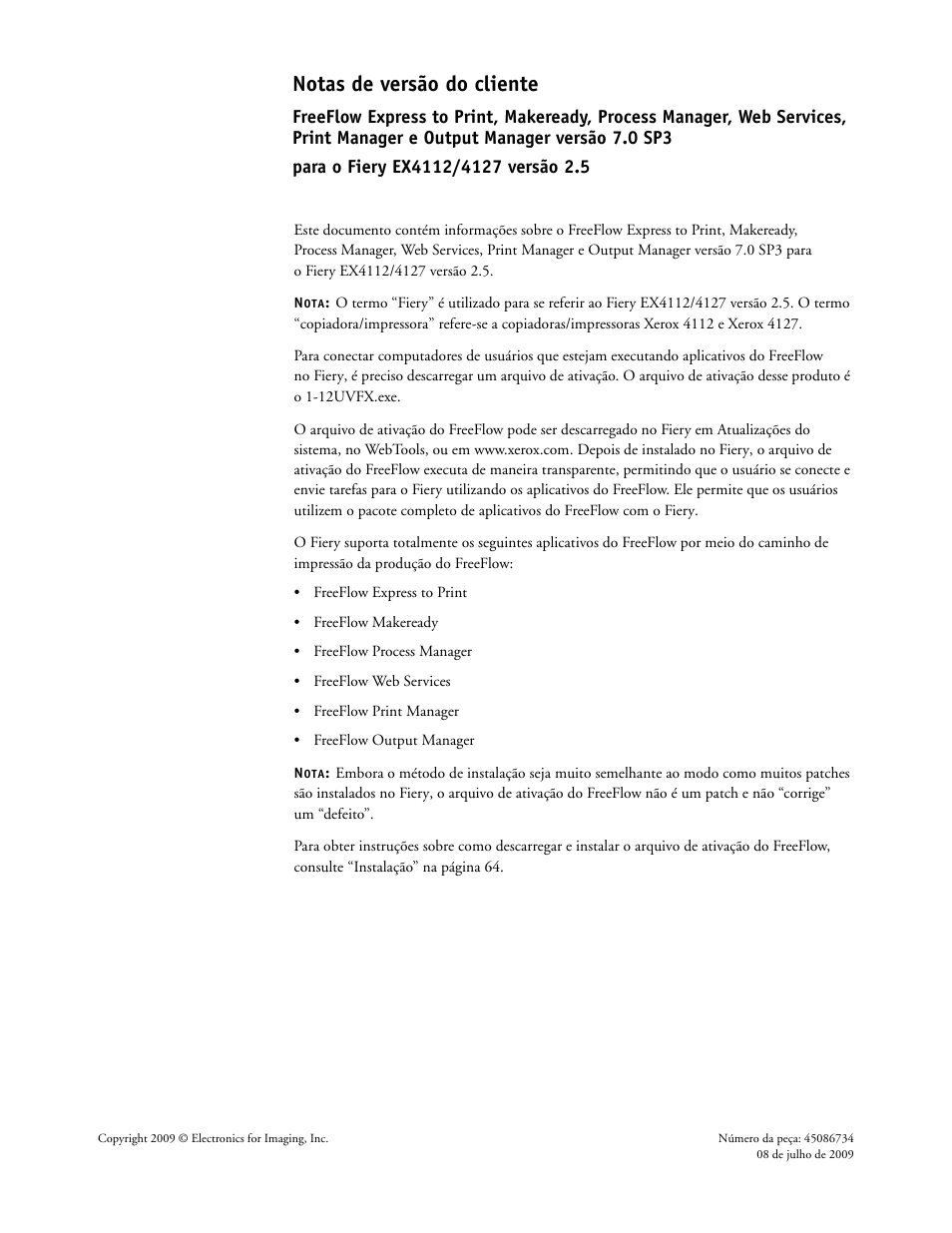 Portugues, Notas de versão do cliente | Xerox 4112-4127 ST con Xerox EX Print Server powered by Fiery-15679 User Manual | Page 63 / 72