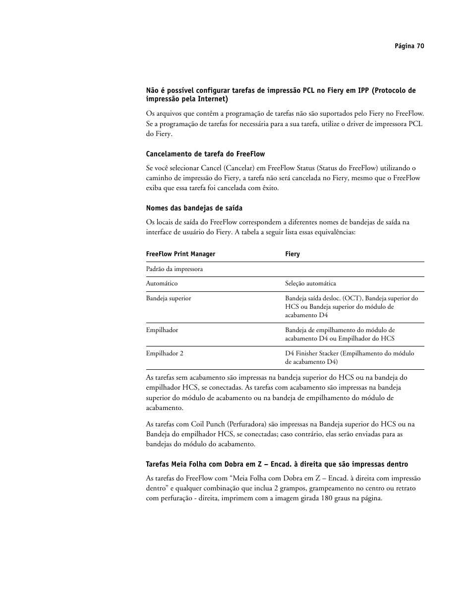 Cancelamento de tarefa do freeflow, Nomes das bandejas de saída | Xerox 4112-4127 ST con Xerox EX Print Server powered by Fiery-15679 User Manual | Page 70 / 72