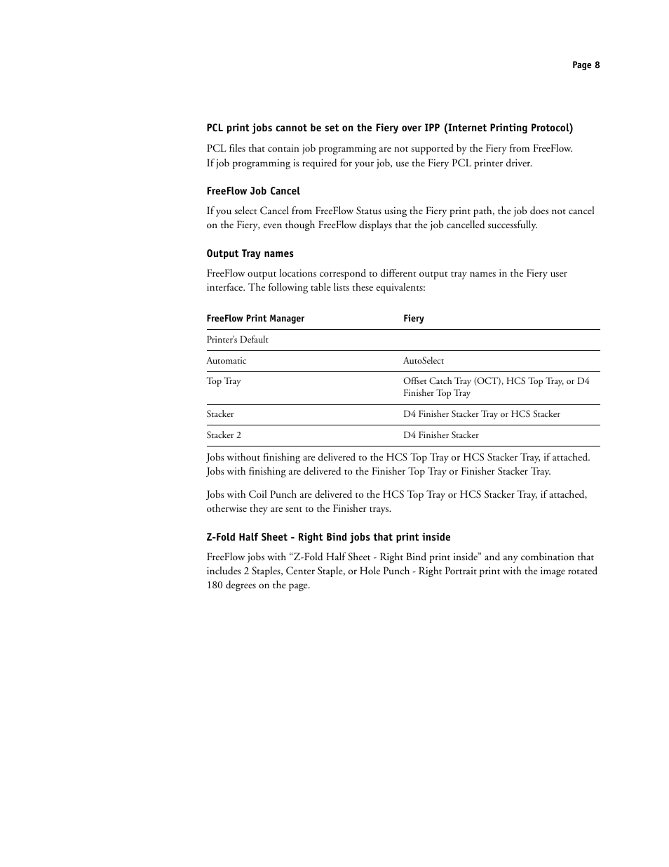 Freeflow job cancel, Output tray names | Xerox 4112-4127 ST con Xerox EX Print Server powered by Fiery-15679 User Manual | Page 8 / 72