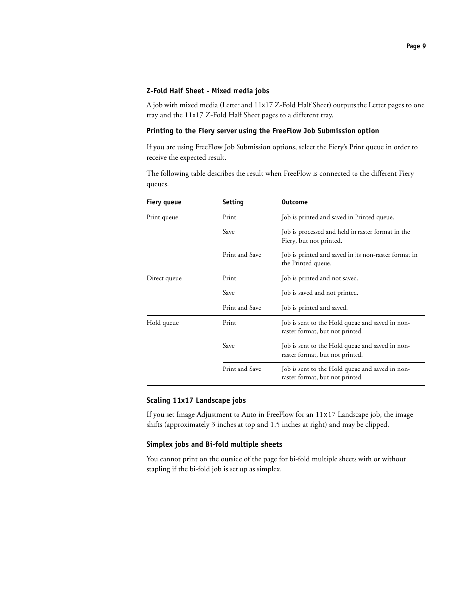 Z-fold half sheet - mixed media jobs, Scaling 11x17 landscape jobs, Simplex jobs and bi-fold multiple sheets | Xerox 4112-4127 ST con Xerox EX Print Server powered by Fiery-15679 User Manual | Page 9 / 72