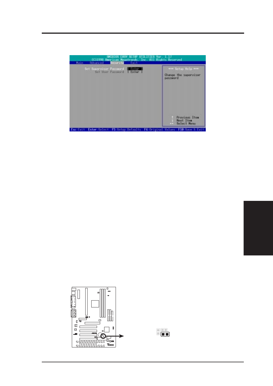 Bios setup, 5 security menu, Asus k7m user’s manual 69 | Bios setup security menu | Asus Motherboard K7M User Manual | Page 69 / 96