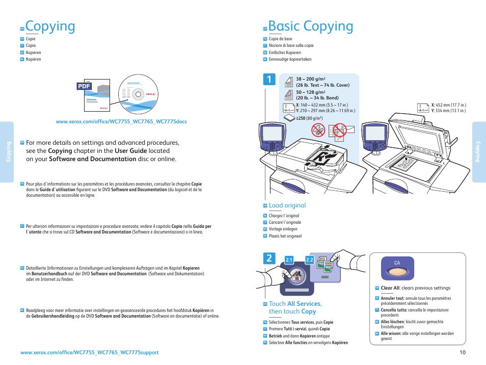 Copying, Copie copia kopieren kopiëren, Basic copying | Touch all services , then touch copy, Load original | Xerox WorkCentre 7755-7765-7775 con EFI Fiery Controller-15776 User Manual | Page 10 / 20