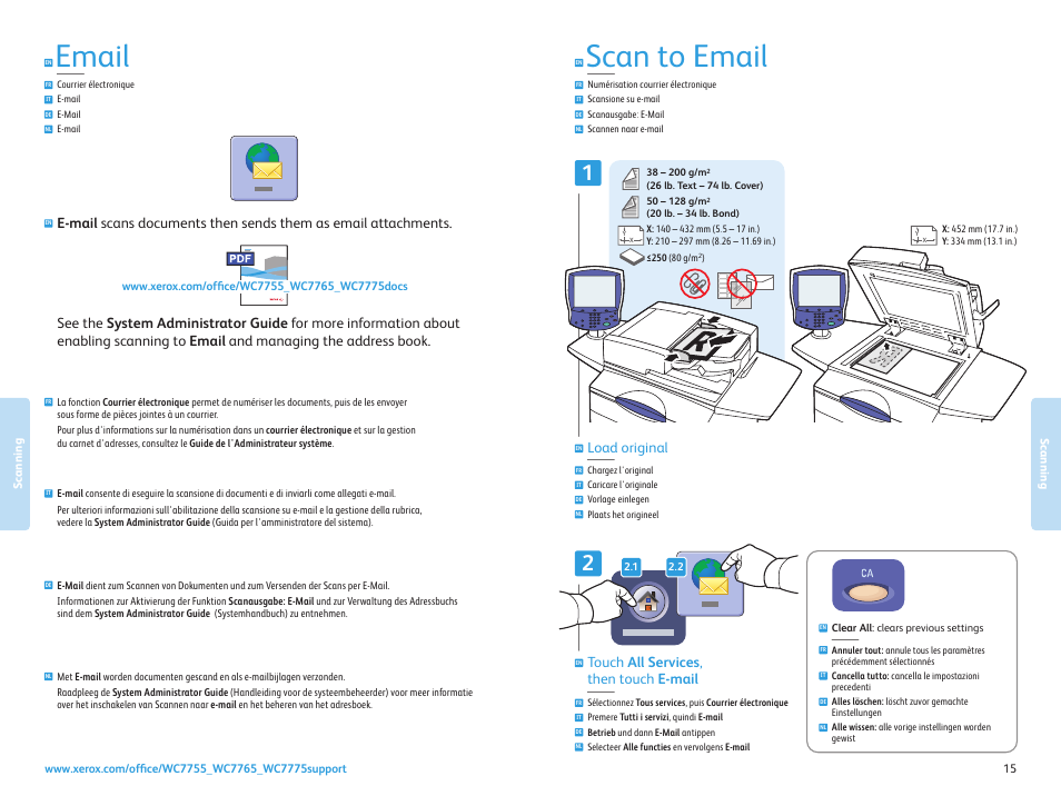 Scanning to email, Courrier électronique e-mail e-mail e-mail, Email | Scan to email, Touch all services , then touch e-mail, Load original | Xerox WorkCentre 7755-7765-7775 con EFI Fiery Controller-15776 User Manual | Page 15 / 20