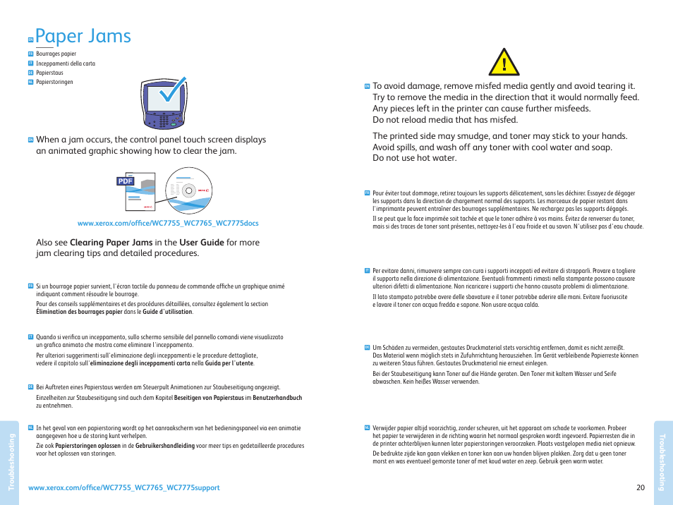 Paper jams, Troubleshooting | Xerox WorkCentre 7755-7765-7775 con EFI Fiery Controller-15776 User Manual | Page 20 / 20