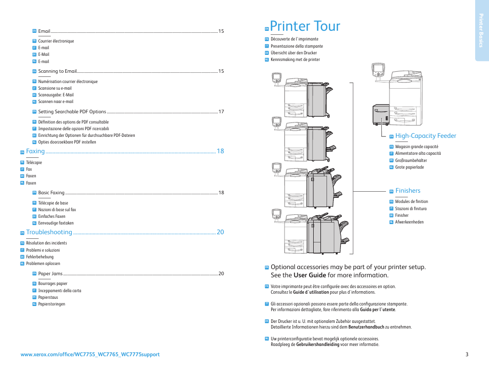 Printer basics, Printer tour, Finishers | High-capacity feeder, Faxing, Troubleshooting | Xerox WorkCentre 7755-7765-7775 con EFI Fiery Controller-15776 User Manual | Page 3 / 20