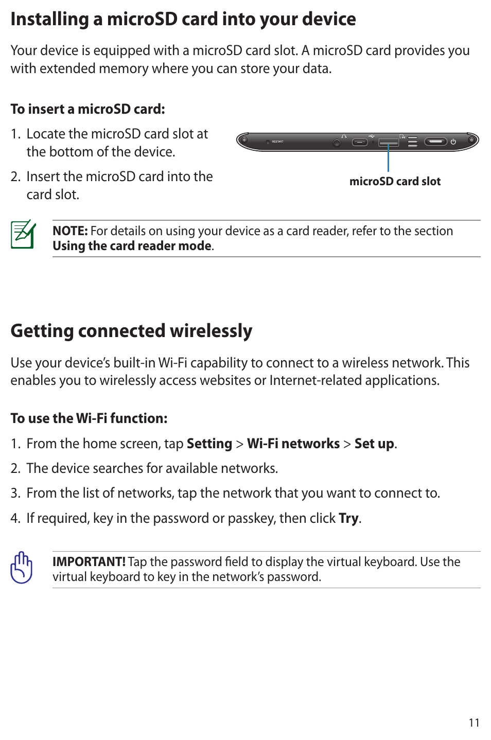 Installing a microsd card into your device, Getting connected wirelessly | Asus Eee Note E6284 User Manual | Page 11 / 38