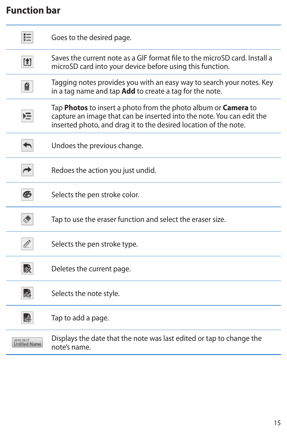 Function bar | Asus Eee Note E6284 User Manual | Page 15 / 38