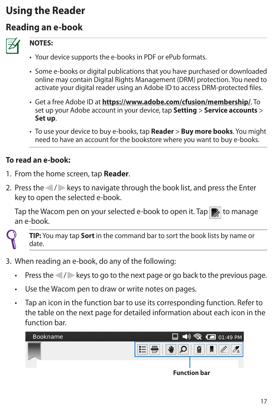 Using the reader, Reading an e-book | Asus Eee Note E6284 User Manual | Page 17 / 38