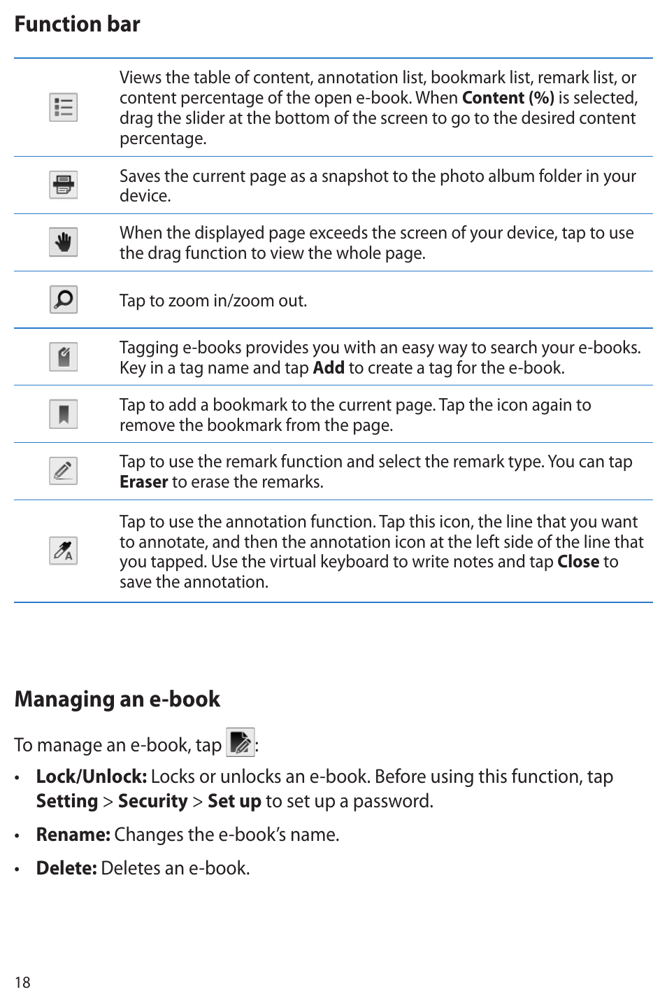 Function bar, Managing an e-book | Asus Eee Note E6284 User Manual | Page 18 / 38