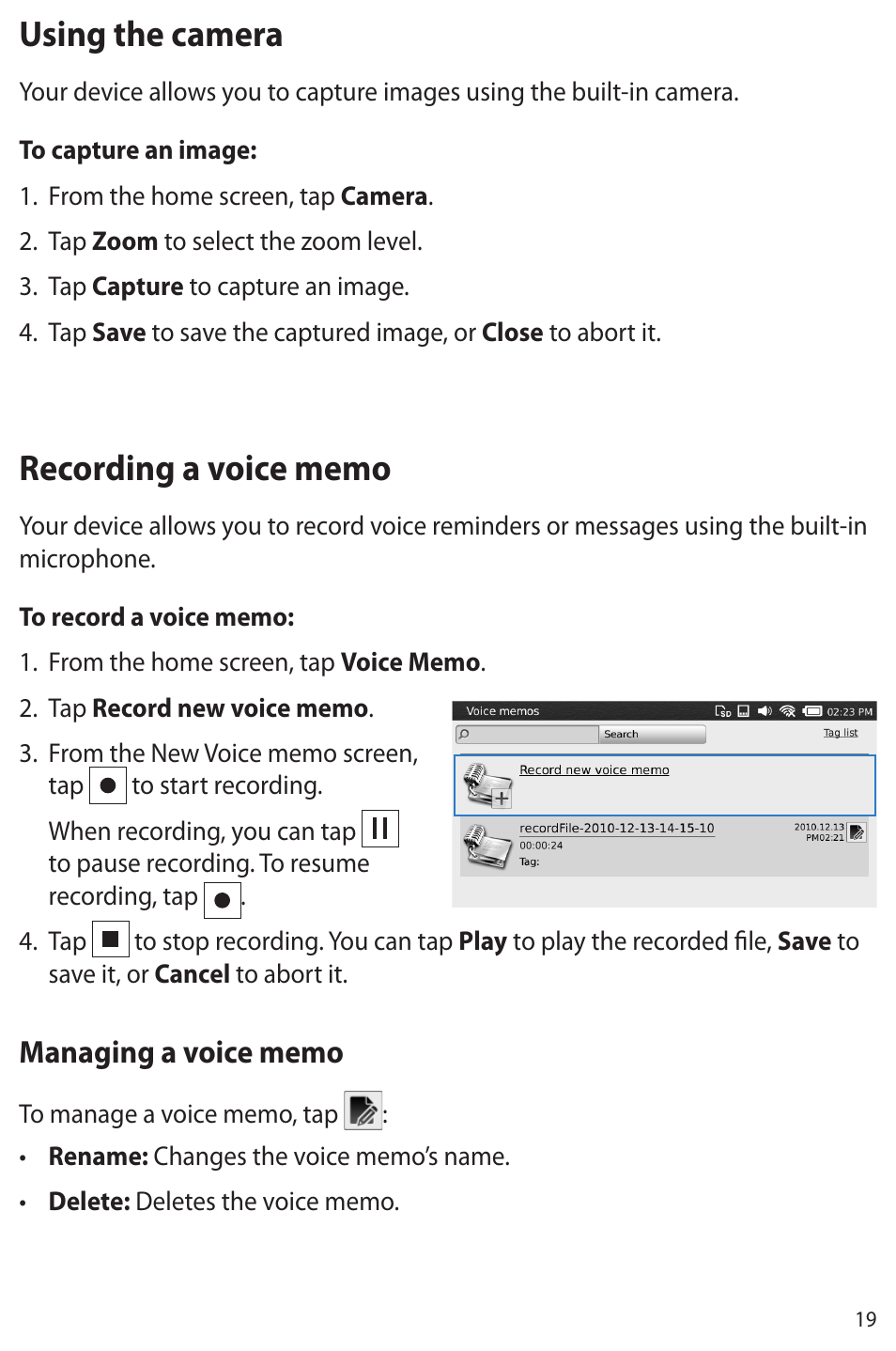 Using the camera, Recording a voice memo, Using the camera recording a voice memo | Asus Eee Note E6284 User Manual | Page 19 / 38