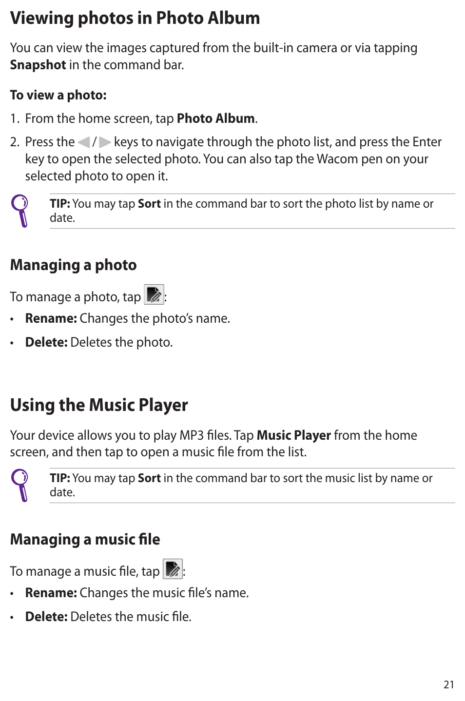Viewing photos in photo album, Using the music player, Managing a photo | Managing a music file | Asus Eee Note E6284 User Manual | Page 21 / 38