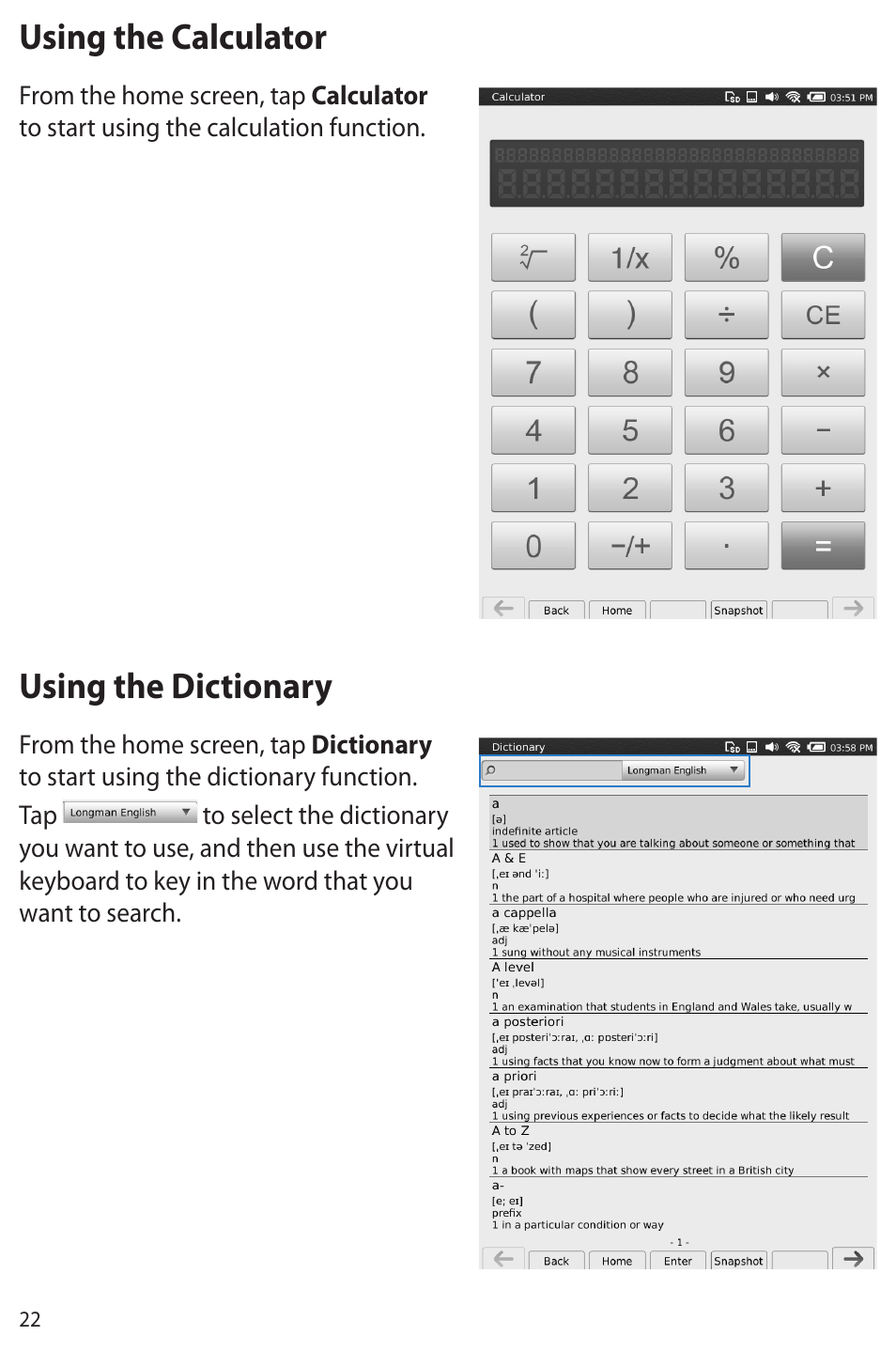 Using the calculator, Using the dictionary, Using the calculator using the dictionary | Asus Eee Note E6284 User Manual | Page 22 / 38