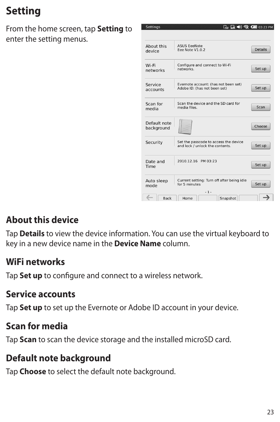 Setting | Asus Eee Note E6284 User Manual | Page 23 / 38