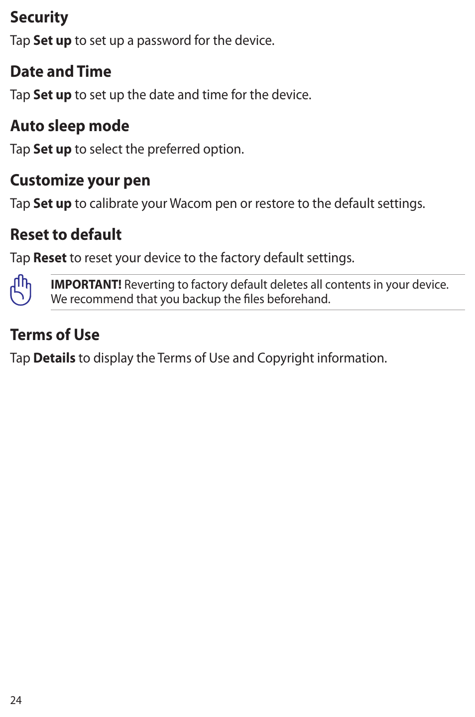 Security, Date and time, Auto sleep mode | Customize your pen, Reset to default, Terms of use | Asus Eee Note E6284 User Manual | Page 24 / 38