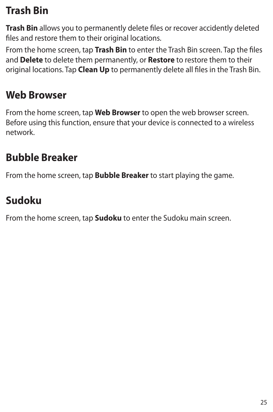 Trash bin, Web browser, Bubble breaker | Sudoku, Trash bin web browser bubble breaker sudoku | Asus Eee Note E6284 User Manual | Page 25 / 38