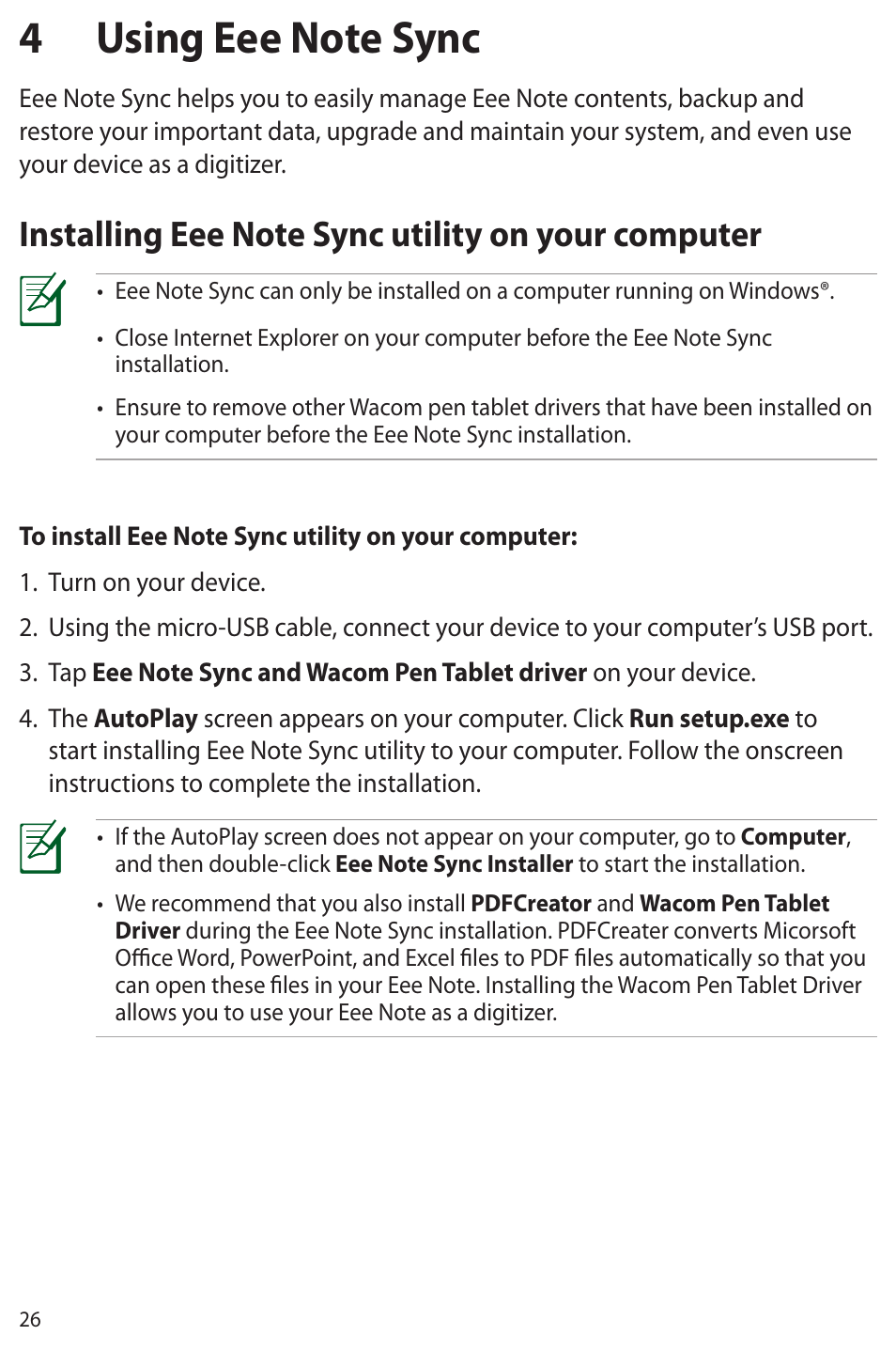 4 using eee note sync, Installing eee note sync utility on your computer | Asus Eee Note E6284 User Manual | Page 26 / 38