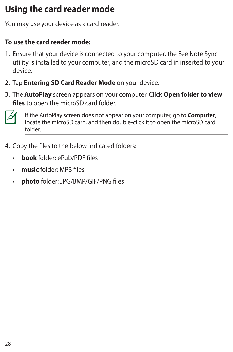 Using the card reader mode | Asus Eee Note E6284 User Manual | Page 28 / 38