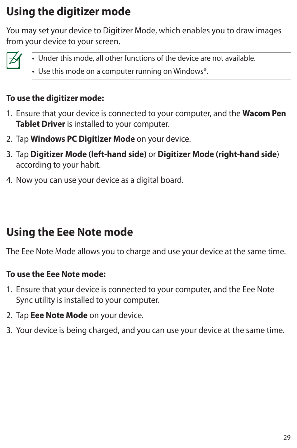 Using the digitizer mode, Using the eee note mode, Using the digitizer mode using the eee note mode | Asus Eee Note E6284 User Manual | Page 29 / 38