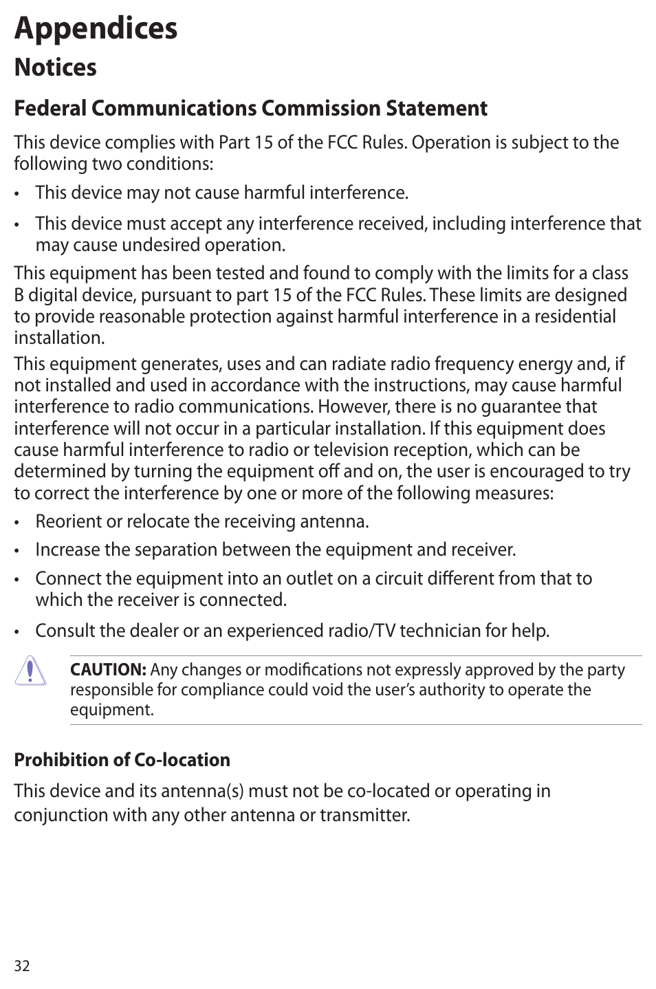 Appendices, Notices, Federal communications commission statement | Asus Eee Note E6284 User Manual | Page 32 / 38