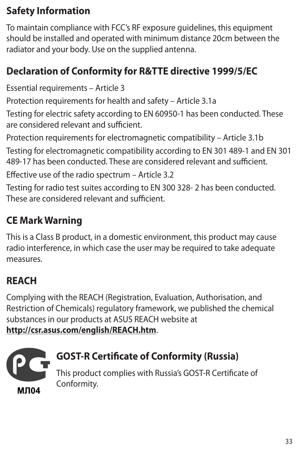 Safety information, Ce mark warning, Reach | Gost-r certificate of conformity (russia) | Asus Eee Note E6284 User Manual | Page 33 / 38