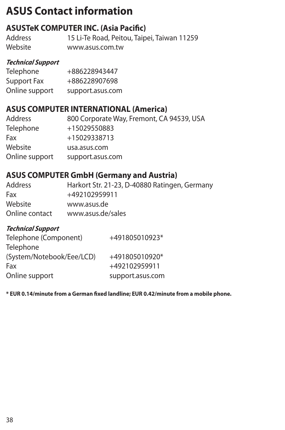 Asus contact information | Asus Eee Note E6284 User Manual | Page 38 / 38