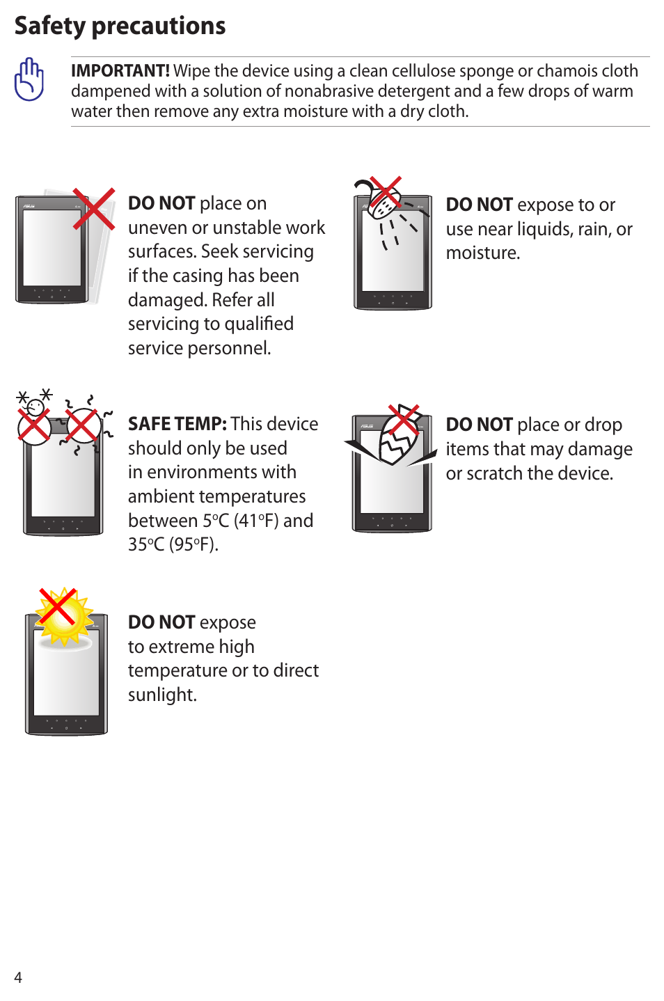 Safety precautions | Asus Eee Note E6284 User Manual | Page 4 / 38