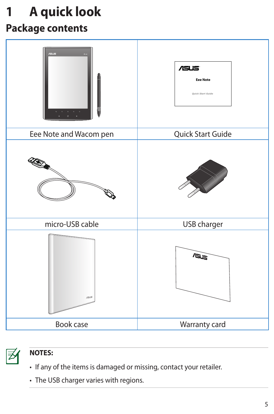 1 a quick look, Package contents | Asus Eee Note E6284 User Manual | Page 5 / 38