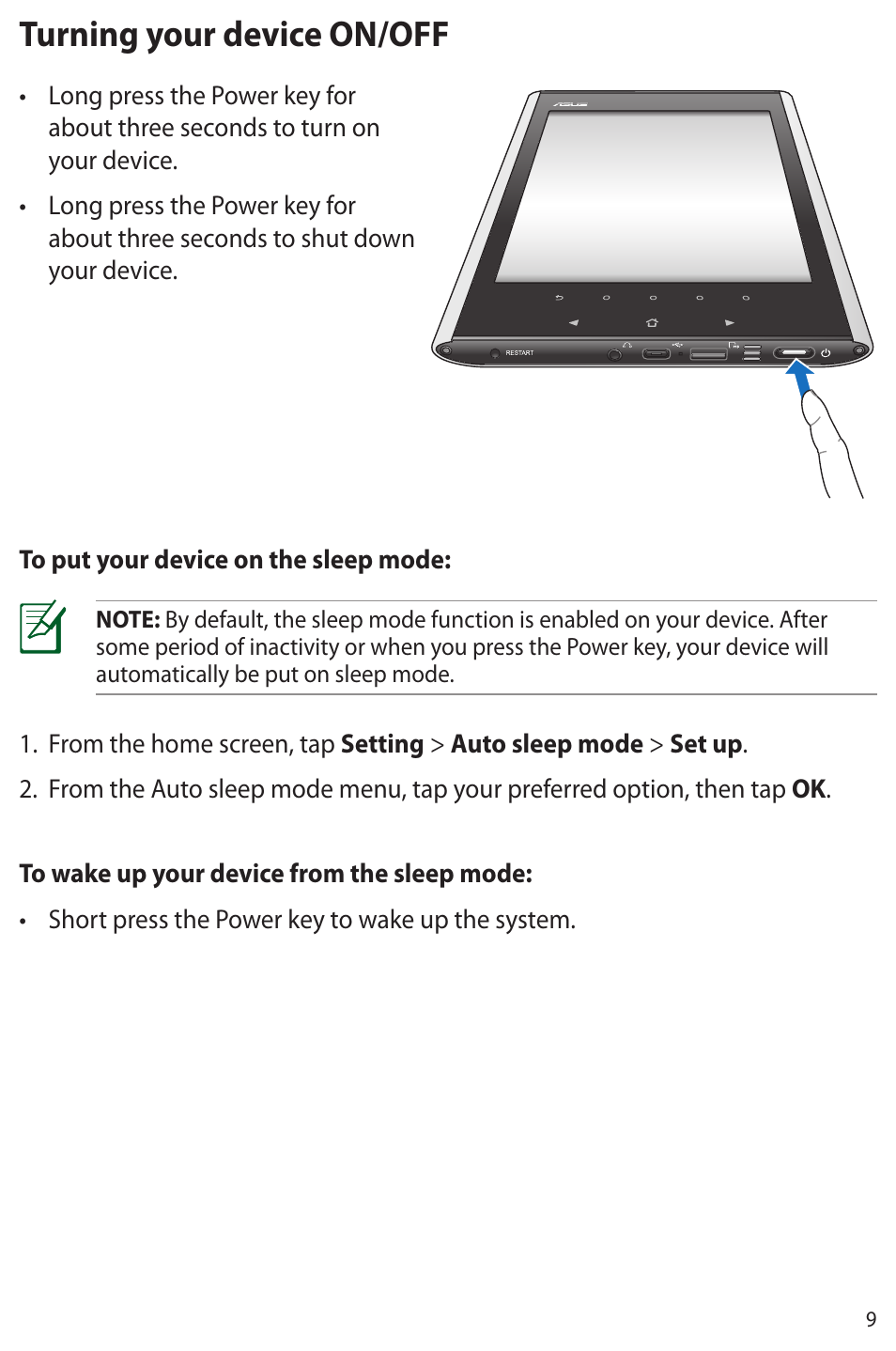 Turning your device on/off | Asus Eee Note E6284 User Manual | Page 9 / 38