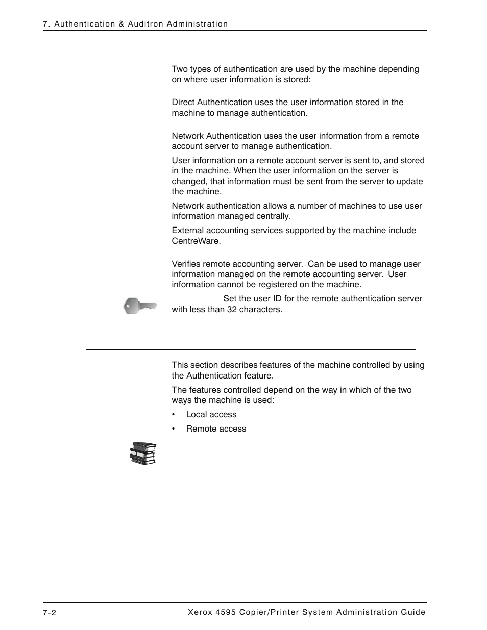 Types of authentication, Features controlled by authentication | Xerox 4595 con Xerox FreeFlow DocuSP Print Controller-15553 User Manual | Page 140 / 402