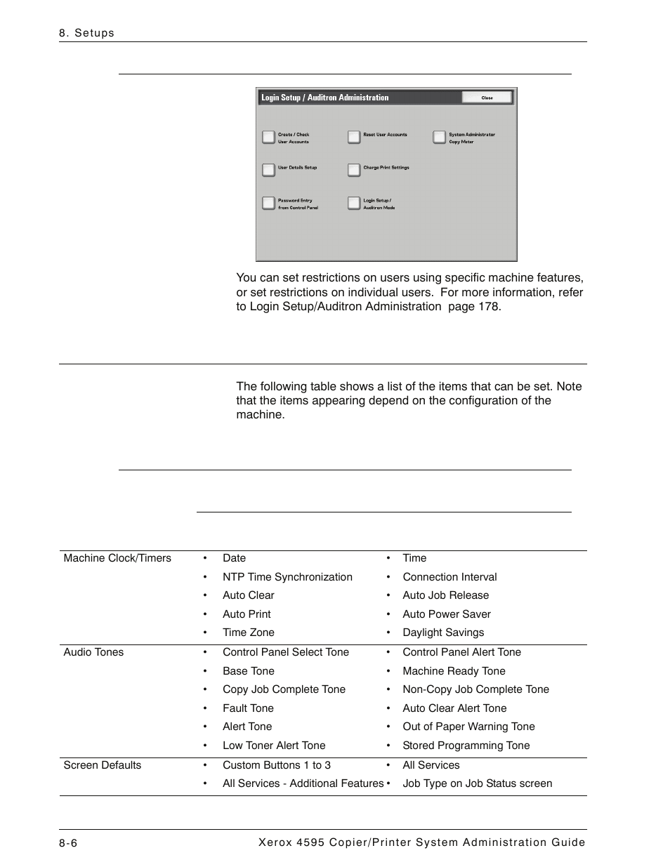 Login setup/auditron administration, System settings menu list, System settings | Common settings, Login setup/auditron administration -6, System settings menu list -6, System settings -6, Common settings -6 | Xerox 4595 con Xerox FreeFlow DocuSP Print Controller-15553 User Manual | Page 164 / 402