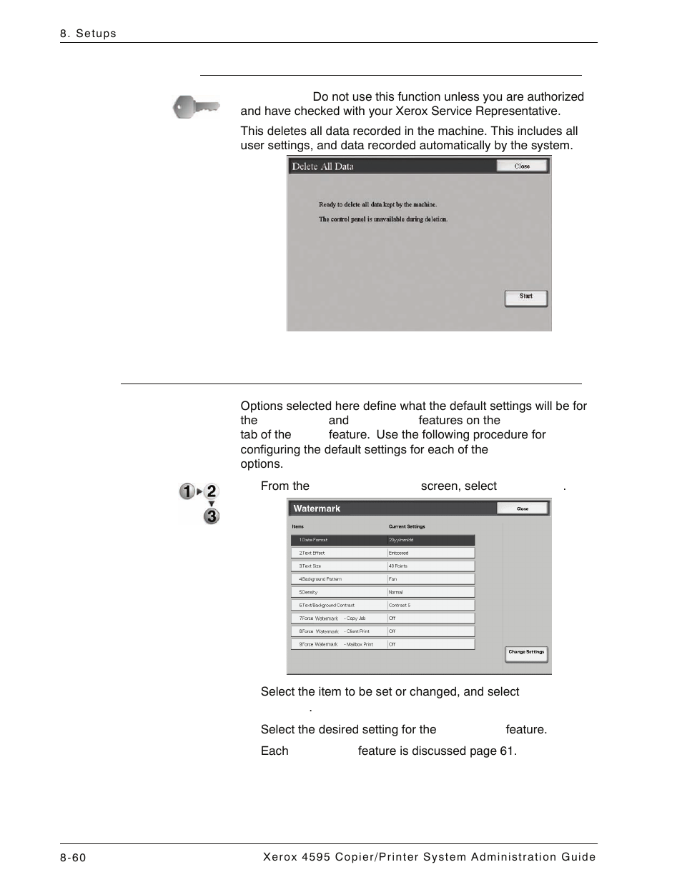 Delete all data, Watermark, Delete all data -60 | Watermark -60 | Xerox 4595 con Xerox FreeFlow DocuSP Print Controller-15553 User Manual | Page 218 / 402