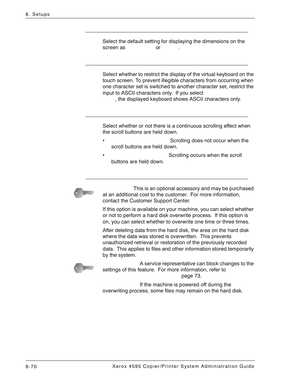 Millimeters/inches, Keyboard input restriction, Operation of up/down buttons | Overwrite hard disk (optional) | Xerox 4595 con Xerox FreeFlow DocuSP Print Controller-15553 User Manual | Page 228 / 402