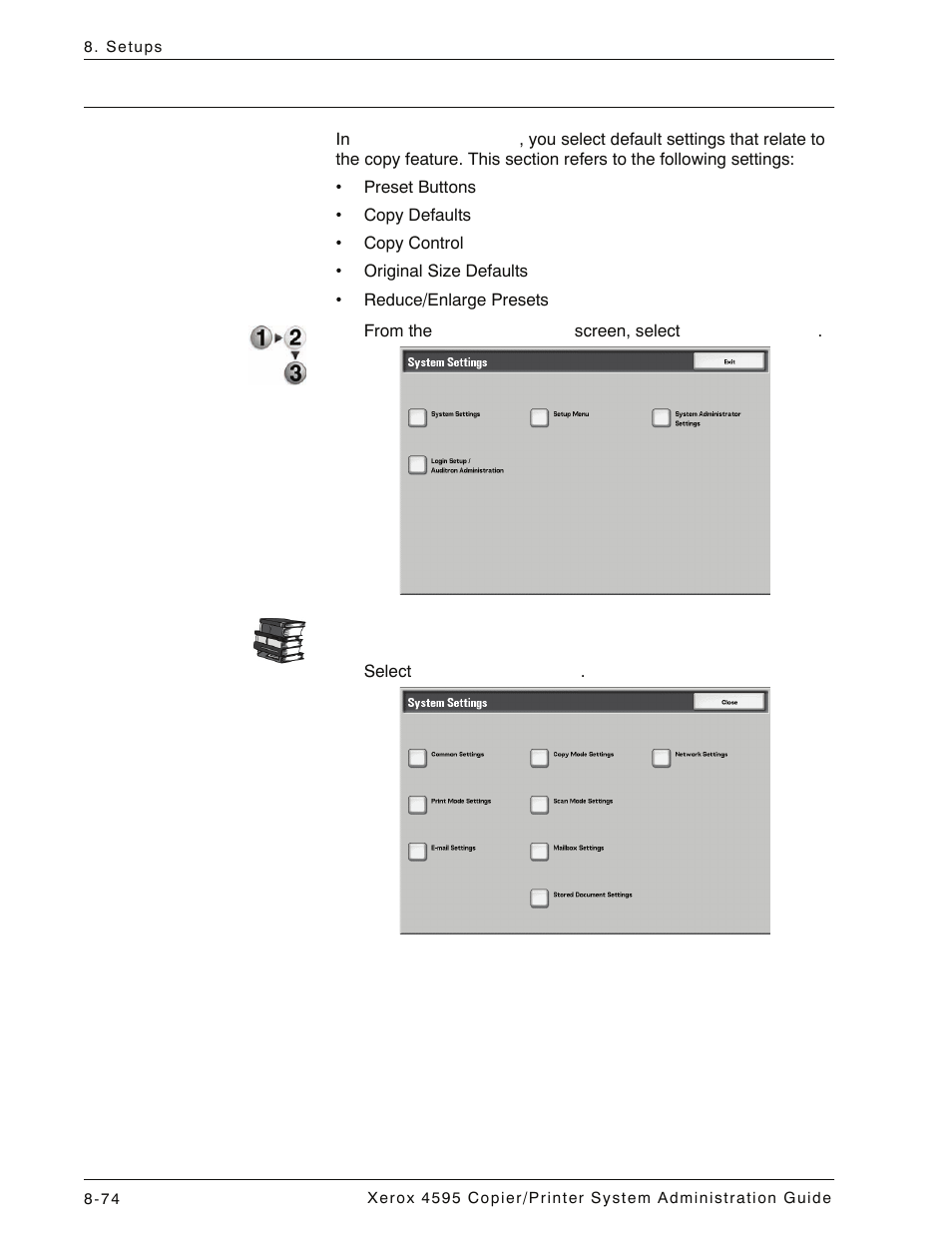 Copy mode settings, Copy mode settings -74, Copy | Xerox 4595 con Xerox FreeFlow DocuSP Print Controller-15553 User Manual | Page 232 / 402