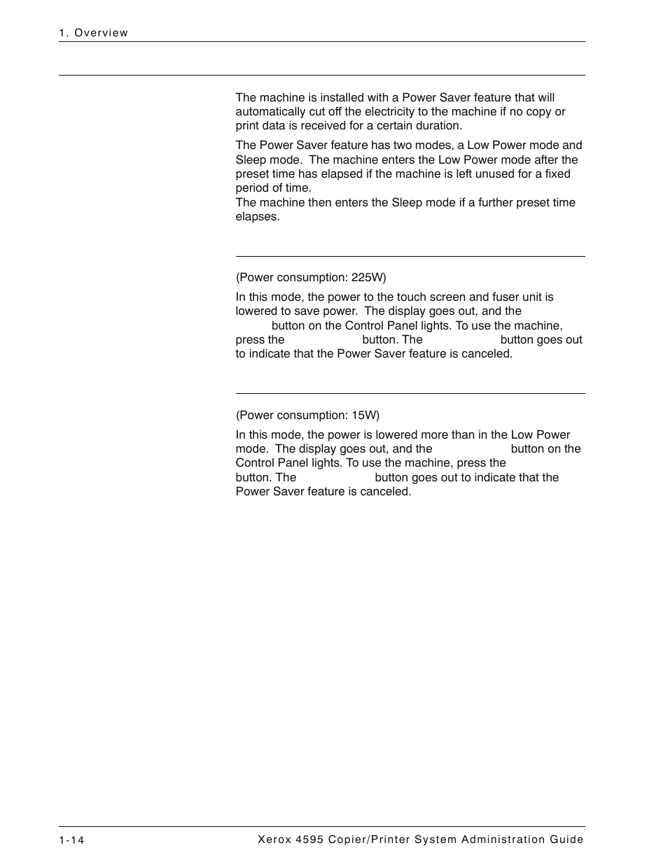 Power saver mode, Low power mode, Sleep mode | Power saver mode -14 | Xerox 4595 con Xerox FreeFlow DocuSP Print Controller-15553 User Manual | Page 26 / 402