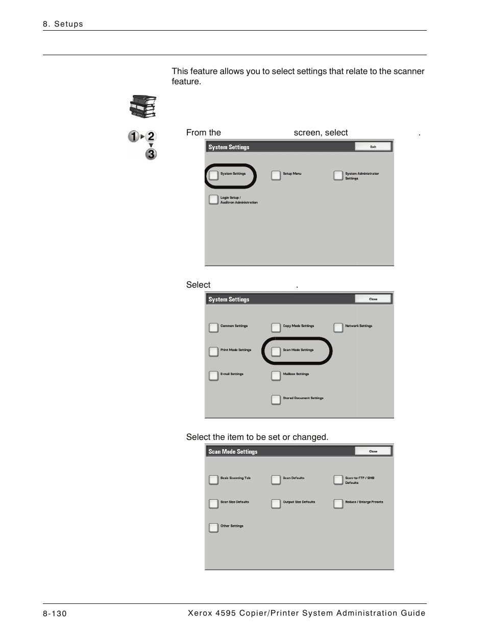 Scan mode settings, Scan mode settings -130 | Xerox 4595 con Xerox FreeFlow DocuSP Print Controller-15553 User Manual | Page 288 / 402