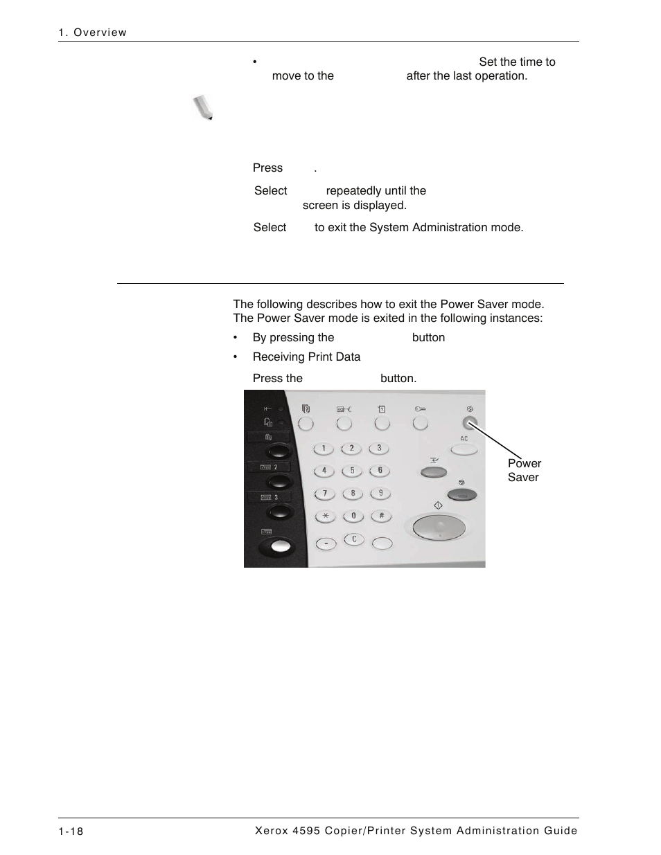 Exiting the power saver mode, Exiting the power saver mode -18 | Xerox 4595 con Xerox FreeFlow DocuSP Print Controller-15553 User Manual | Page 30 / 402