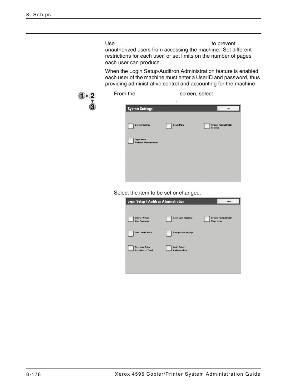 Login setup/auditron administration, Login setup/auditron administration -178 | Xerox 4595 con Xerox FreeFlow DocuSP Print Controller-15553 User Manual | Page 336 / 402