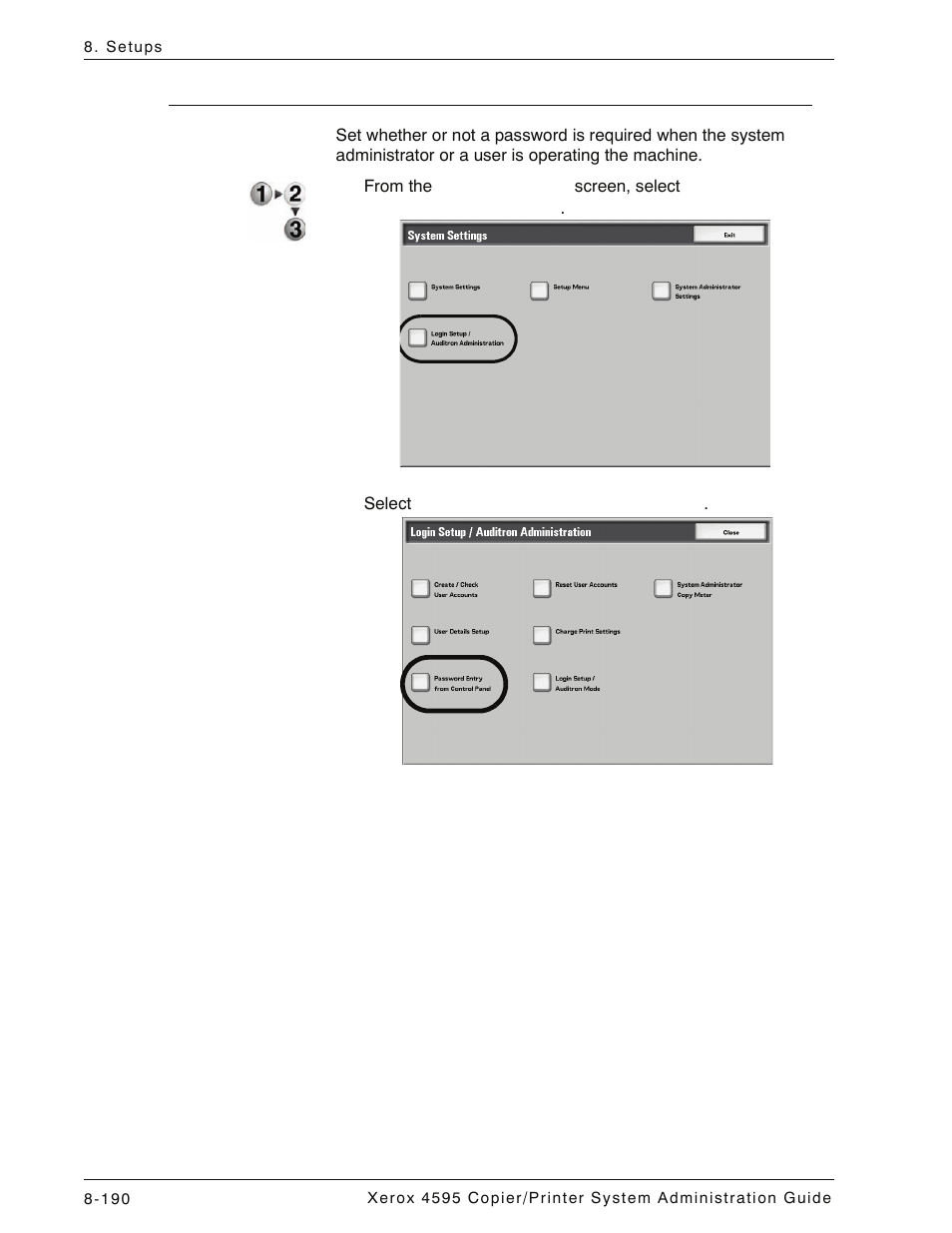 Password entry from control panel, Password entry from control panel -190 | Xerox 4595 con Xerox FreeFlow DocuSP Print Controller-15553 User Manual | Page 348 / 402