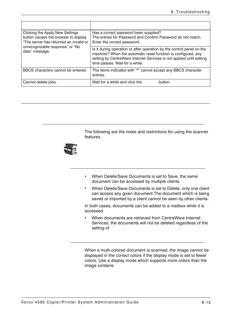 Scanner features, Notes and restrictions, When retrieving documents from mailbox | Display, Scanner features -15, Notes and restrictions -15 | Xerox 4595 con Xerox FreeFlow DocuSP Print Controller-15553 User Manual | Page 375 / 402