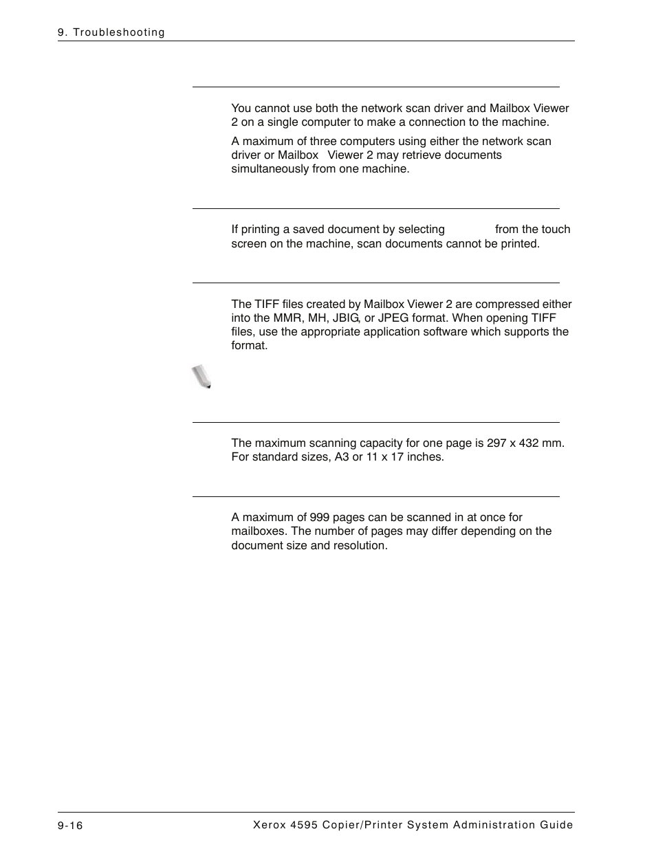 When printing documents saved in the mailbox, When using tiff files, Restriction on scanning capacity | Number of sheets for scanning (for mailbox), Using network scan driver and mailbox viewer 2 | Xerox 4595 con Xerox FreeFlow DocuSP Print Controller-15553 User Manual | Page 376 / 402