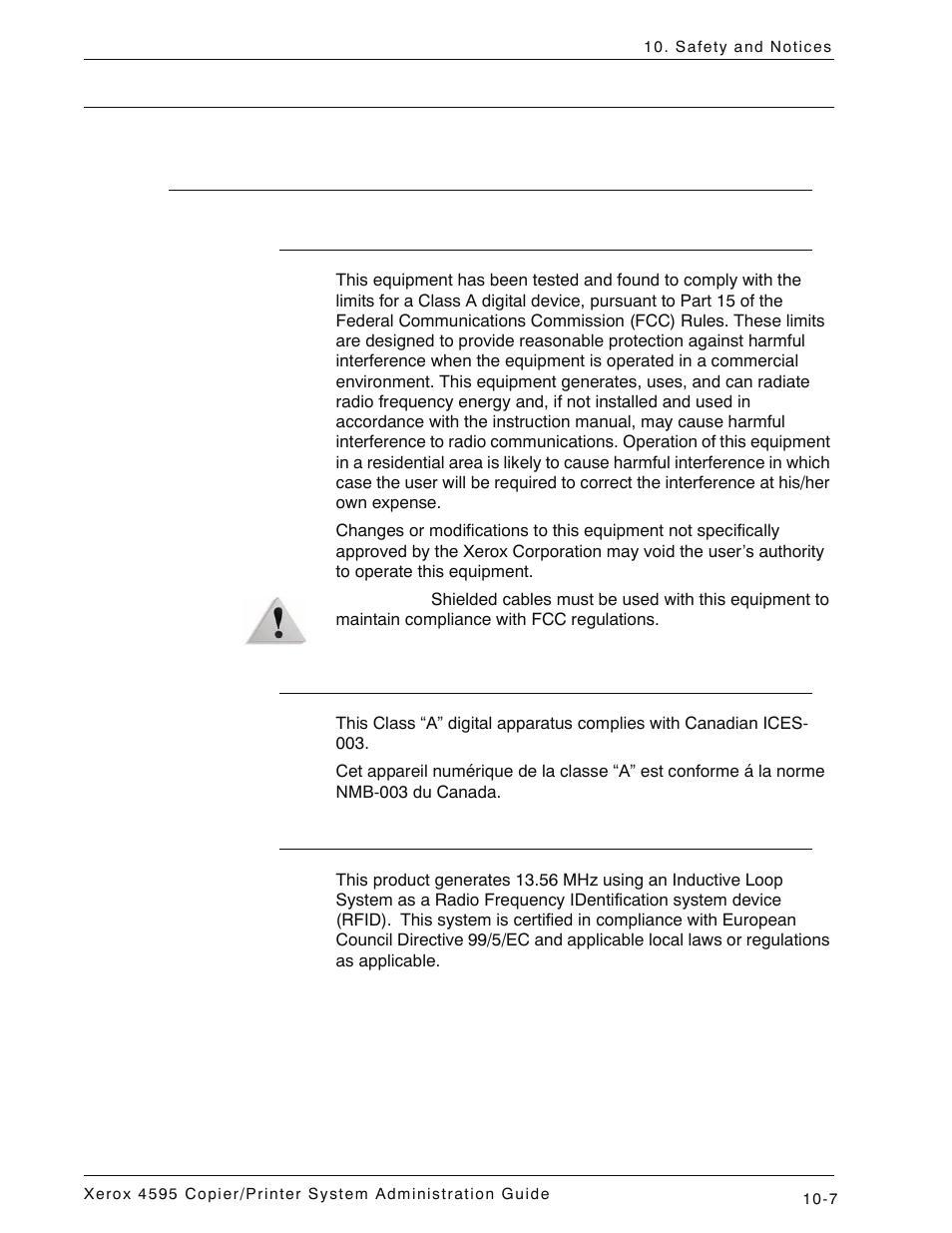 Notices, Radio frequency emissions, Fcc in the usa | In canada (ices-003), Regulatory information for rfid, Notices -7, Radio frequency emissions -7 | Xerox 4595 con Xerox FreeFlow DocuSP Print Controller-15553 User Manual | Page 385 / 402