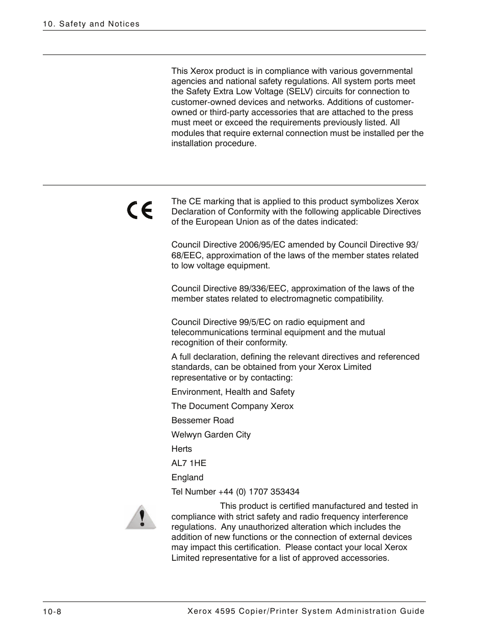 Safety extra low voltage approval, Certifications in europe | Xerox 4595 con Xerox FreeFlow DocuSP Print Controller-15553 User Manual | Page 386 / 402